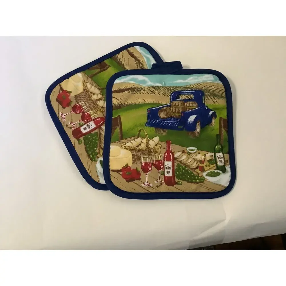 5pc Kitchen Set Truck Wine Country Farmhouse 2 Pot Holders 2 Towels Oven Mitt